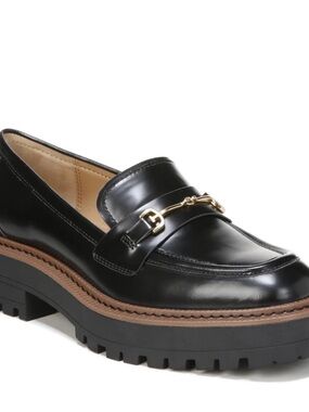Sam Edelman Black Laurs Lug-Sole Loafers with Gold Chain Accent